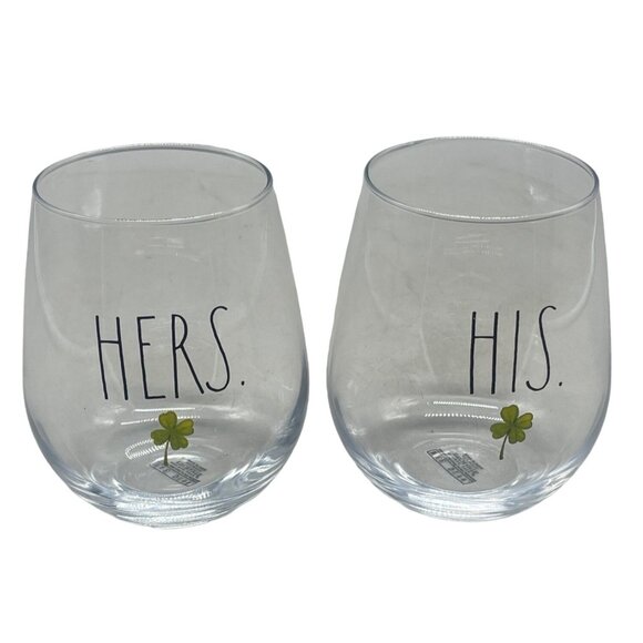 rae dunn stemless wine glasses set of 2 his hers 4 leaf clover clear Irish 5" ta - Picture 1 of 5
